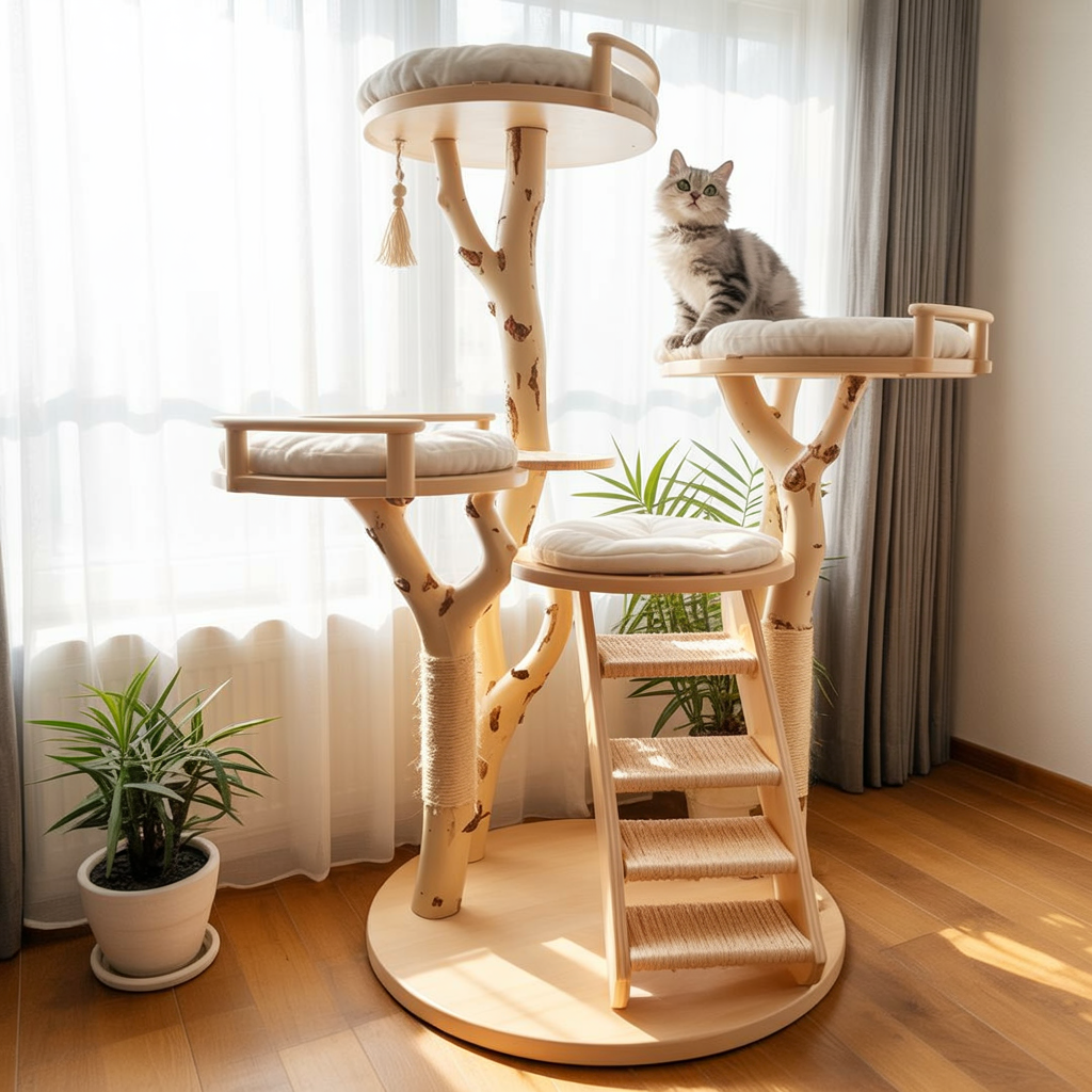 Rustic Solid Wood Cat Tree – Handmade Natural Wood Cat Tower Stand, Large Play Structure