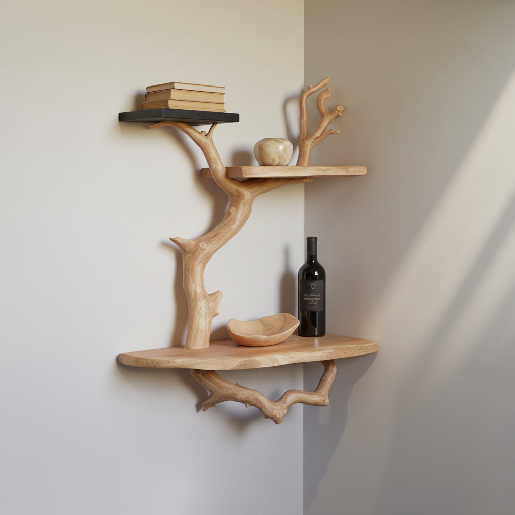 Zwevende Hoek Boekenplank Met Boomtak – Driftwood Wanddecoratie