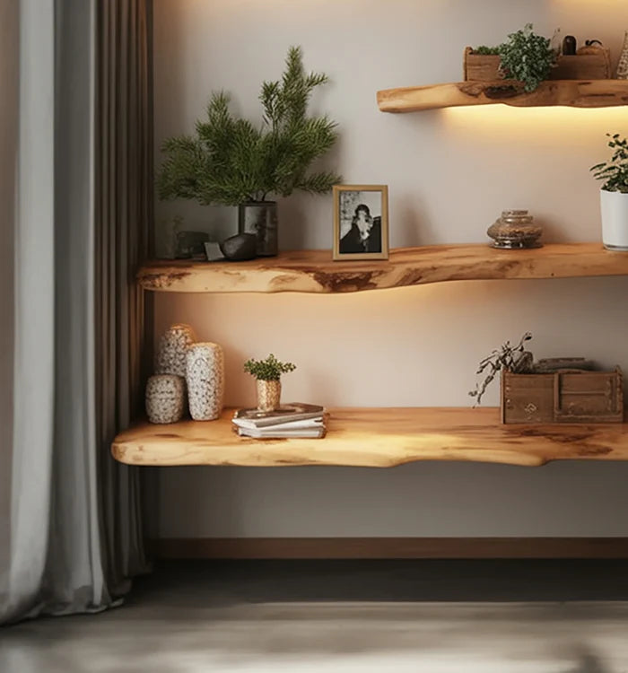 Rustieke Handgemaakte Wandplank – Live-Edge Golvende Houten Plank voor Wanddecoratie