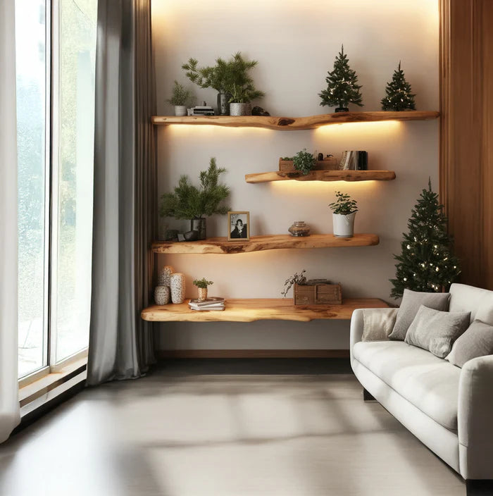 Rustieke Handgemaakte Wandplank – Live-Edge Golvende Houten Plank voor Wanddecoratie