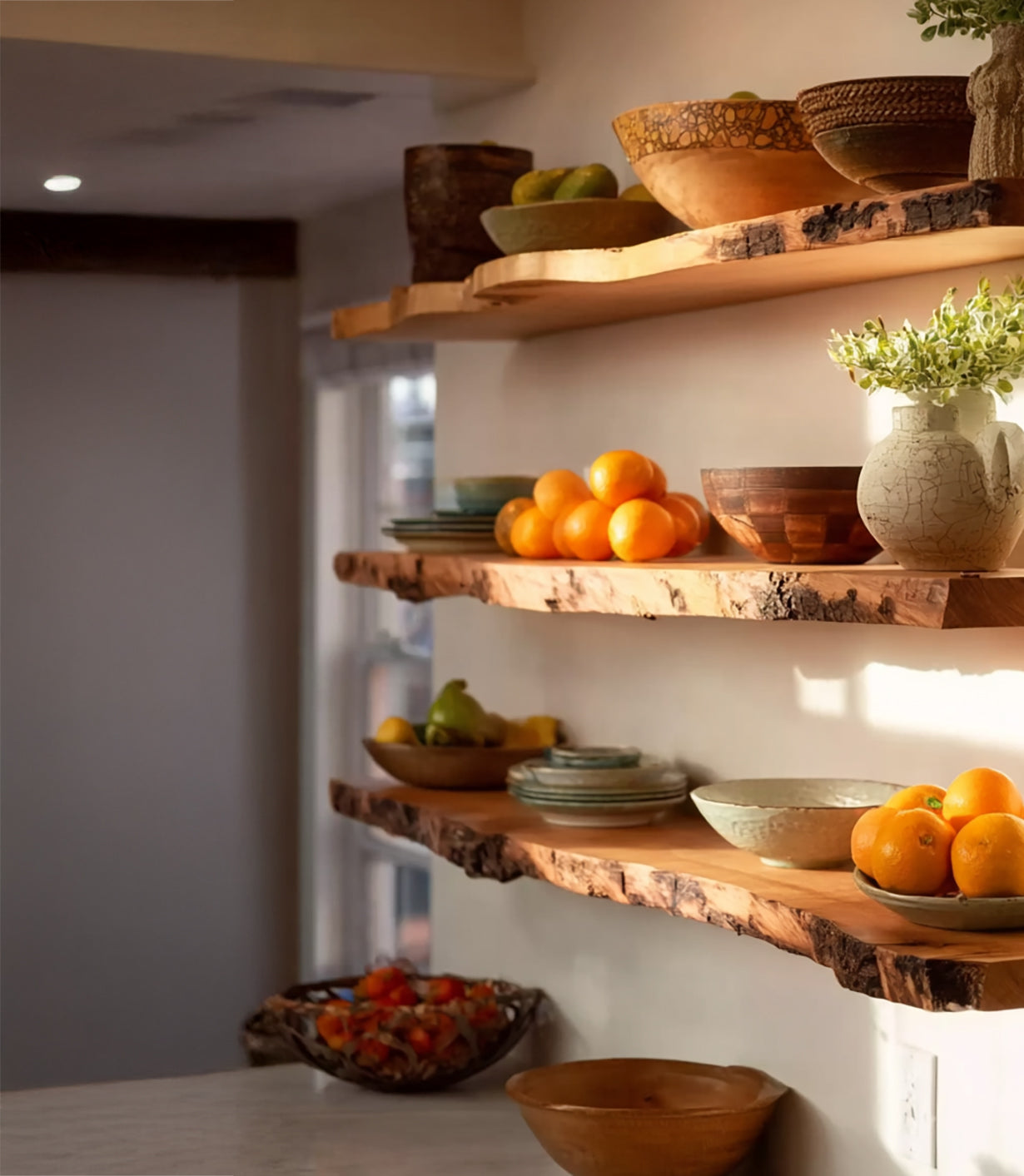 Rustic Floating Wall Shelf with Live Edge – Solid Walnut Shelf for Home Decor
