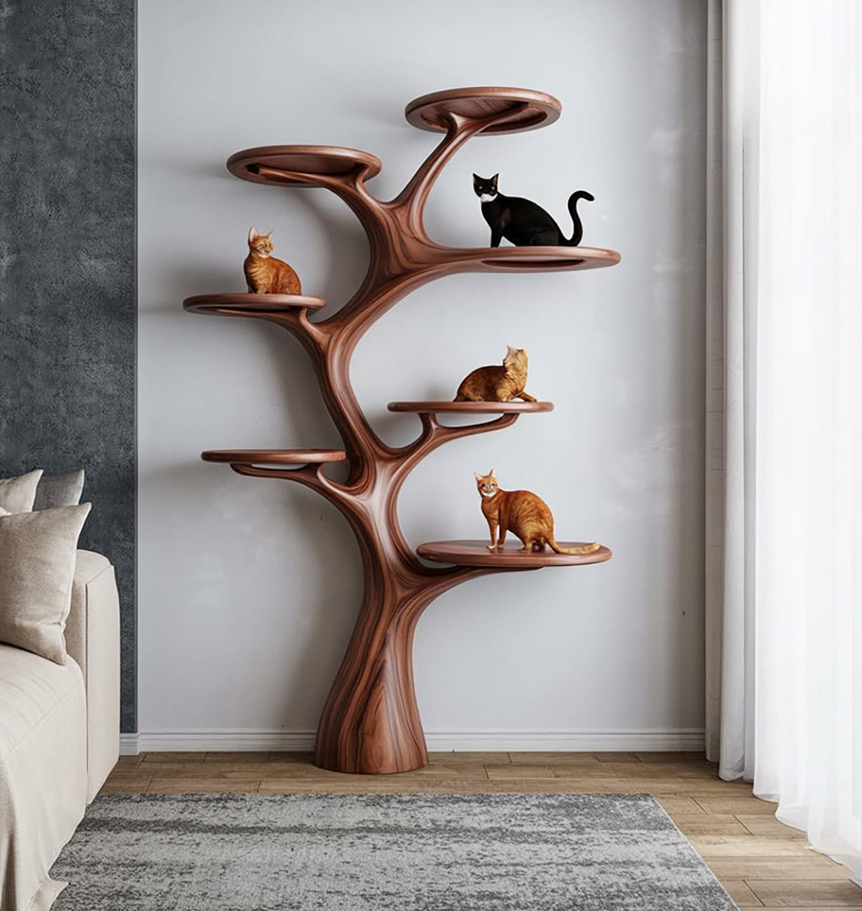 Artistieke Boomtak Kattenboom & Boekenkast – Natuurlijke Houten Wandsculptuur