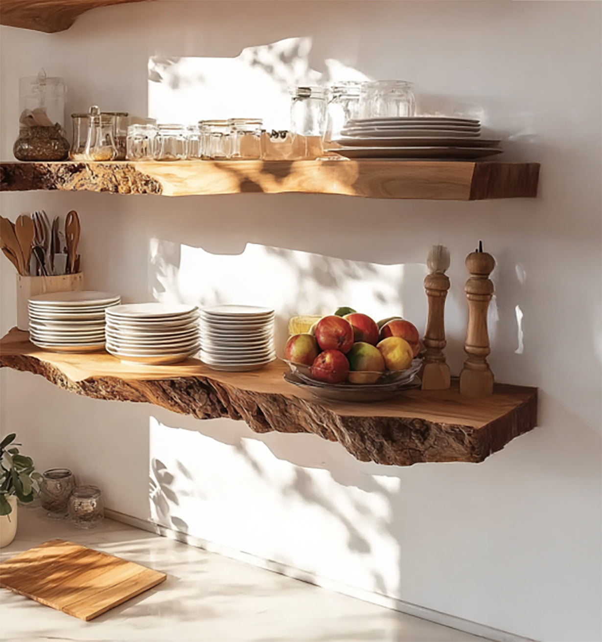 Handcrafted Live Edge Floating Shelf – Carved Wavy Wood Wall Art