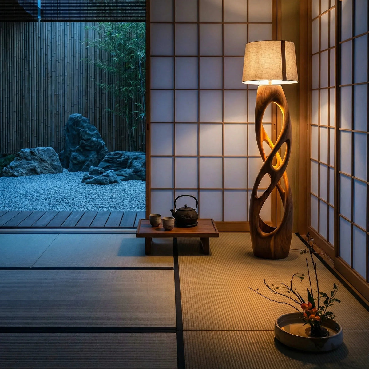 Japanse zenslaapkamer met shoji deuren en handgesneden houten vloerlamp