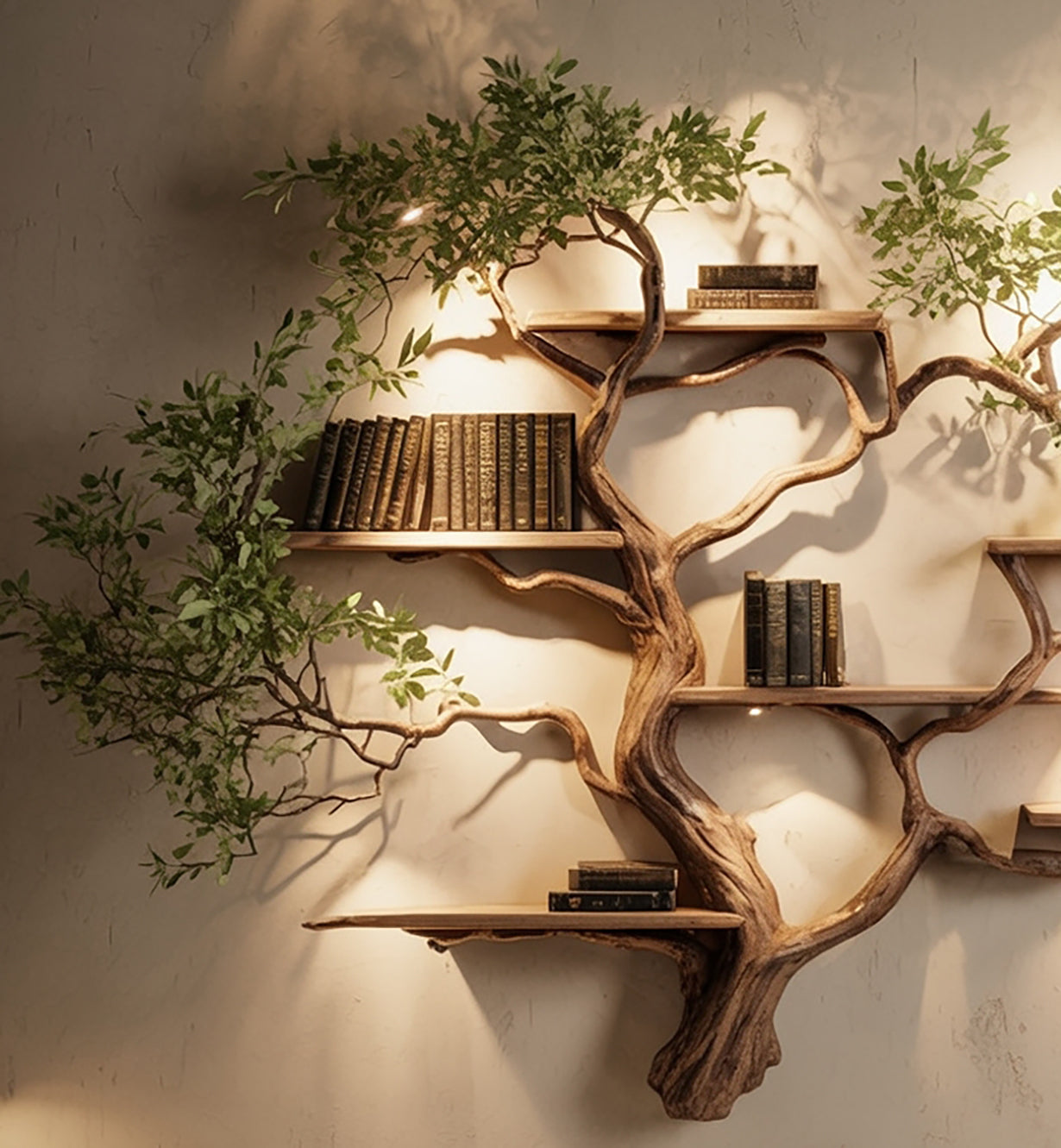 Tree Bookshelf Wall Art – Live Edge Wooden Branch Bookcase with Floating Shelves
