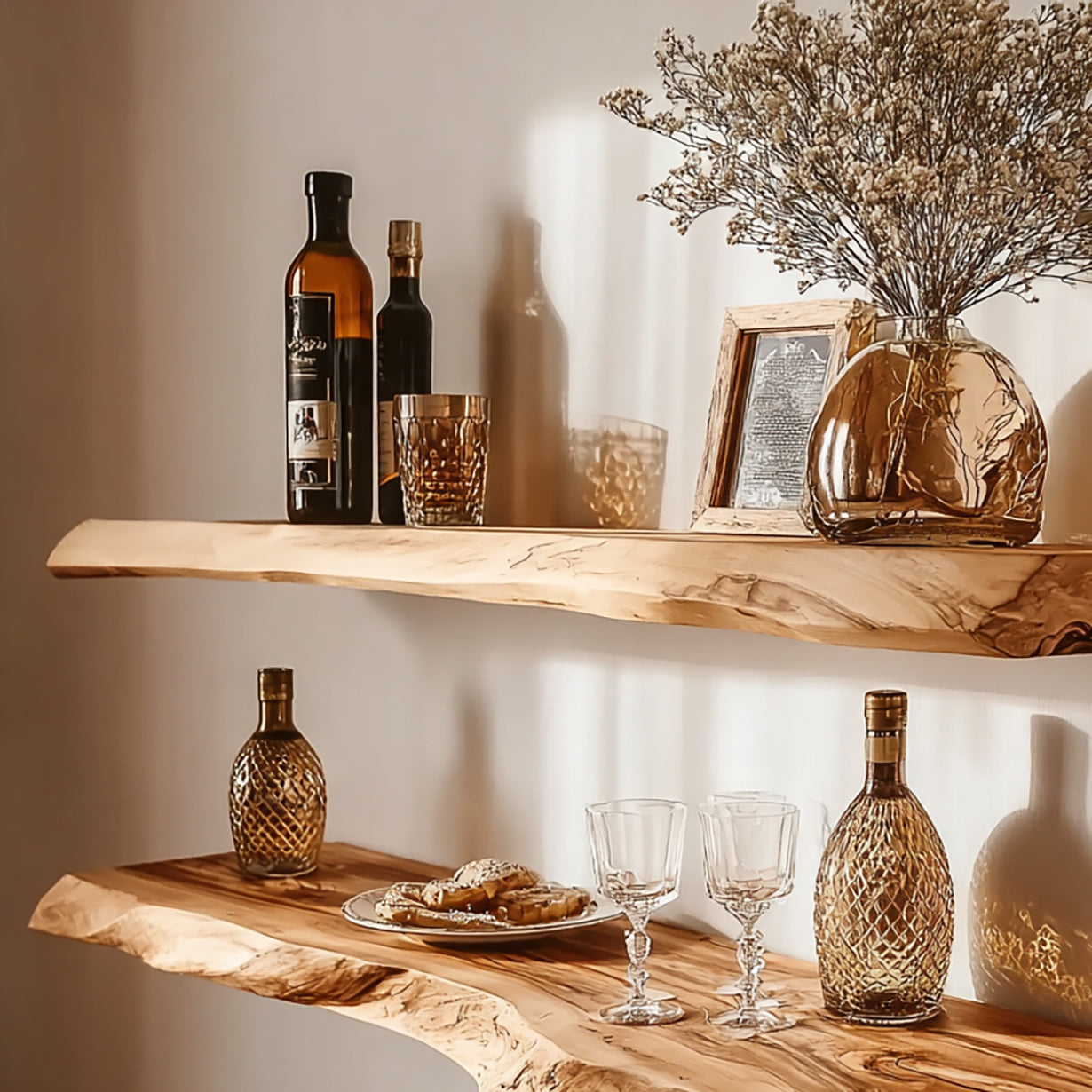 Handcrafted Live Edge Floating Bar Shelf – Rustic Solid Wood Wall Shelf