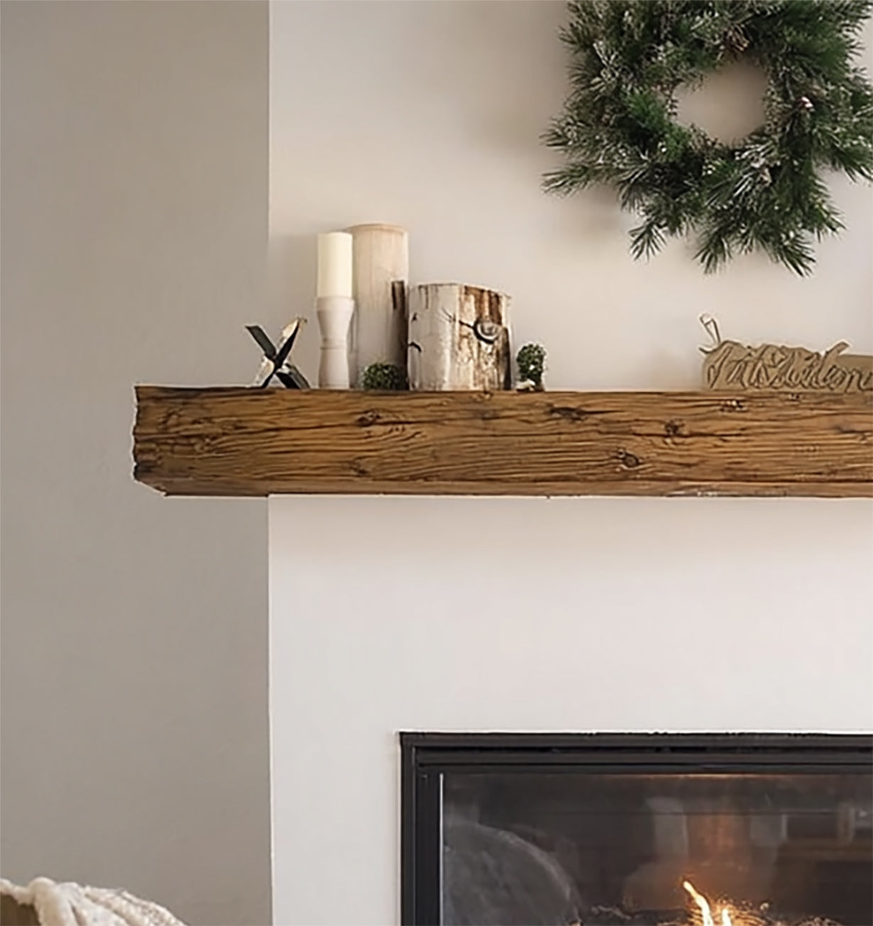 Rustic Wooden Fireplace Mantel – Handcrafted Floating Solid Wood Beam with Live Edge Shelf
