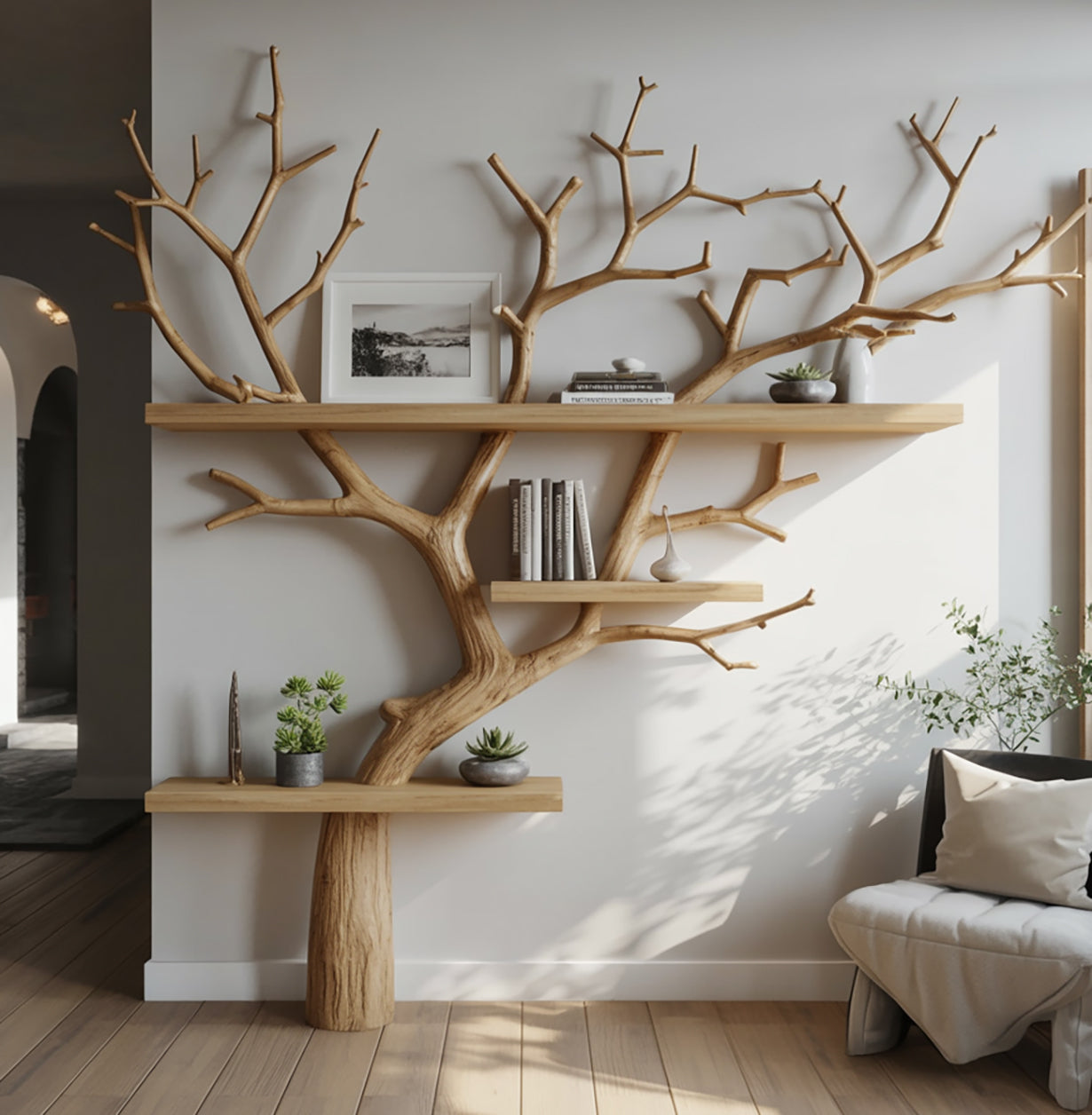 Driftwood Boom Boekenkast – Zwevende Takken Wandplank