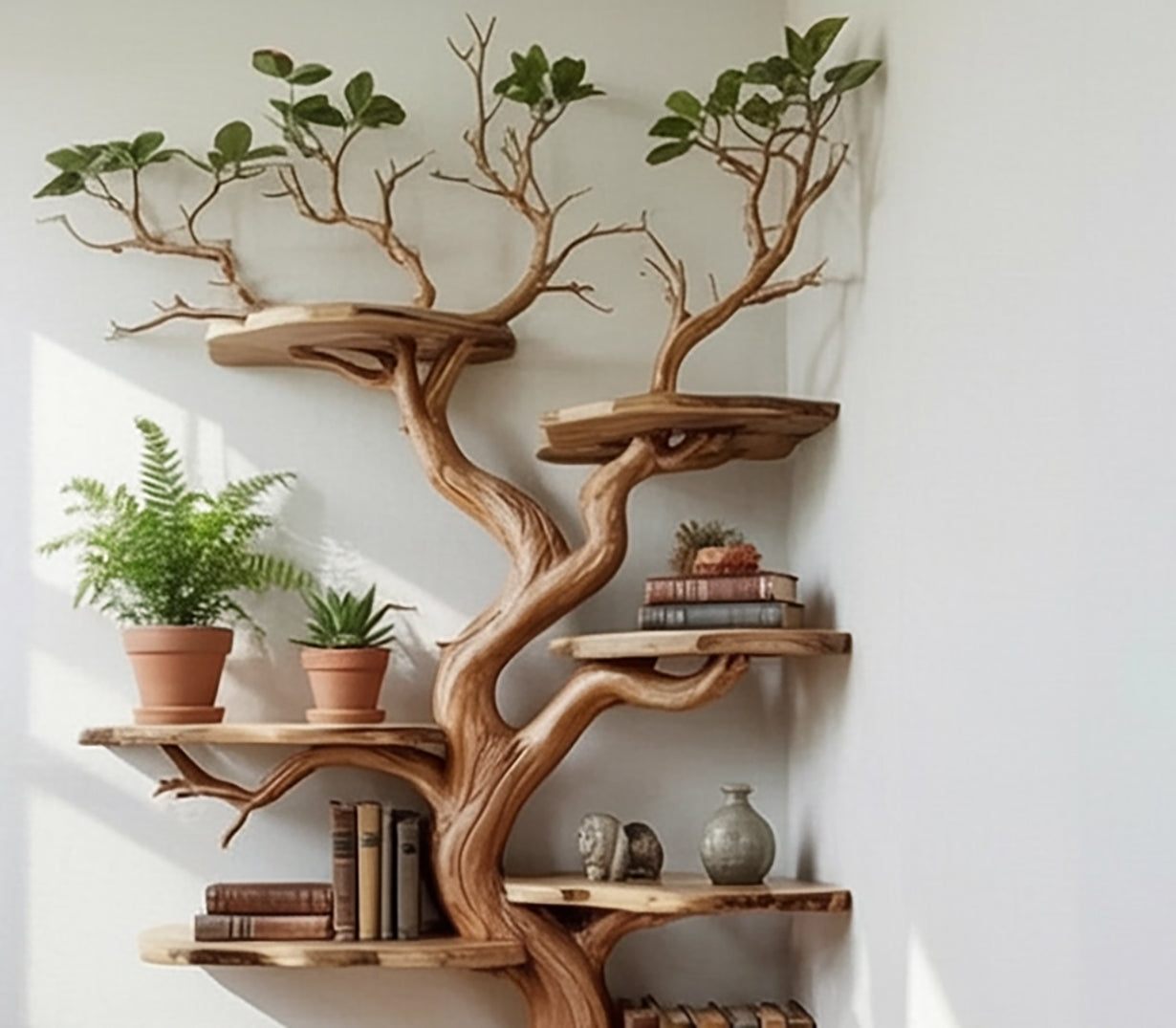 Boomtak Hoek Boekenkast – Massief Houten Wandplank Decor