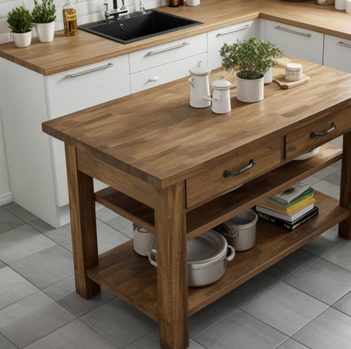 Keukeneiland van Gerecycled Kastanjehout met Lade & Dubbele Plank
