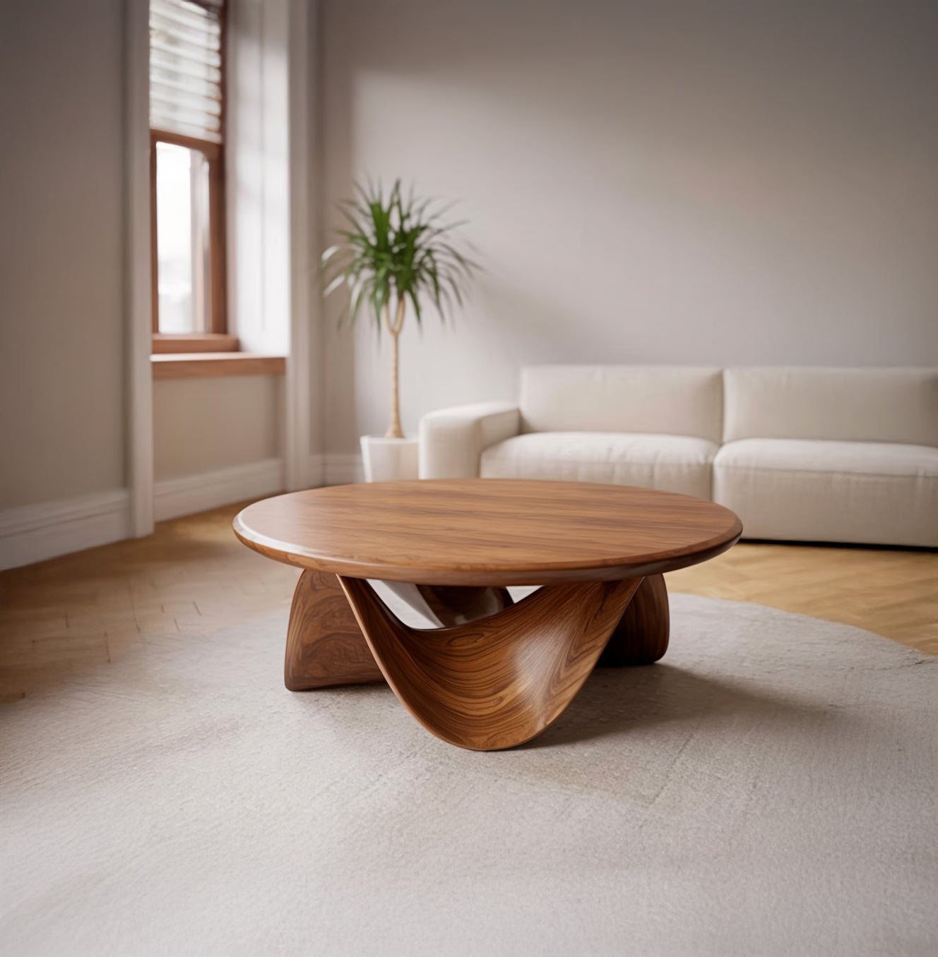 Sculpturale Ronde Salontafel – Handgemaakt Massief Hout
