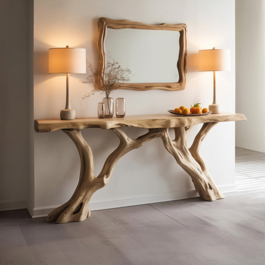 Live Edge Wood Console Table with Sculptural Tree Base – Rustic Farmhouse Entryway Table
