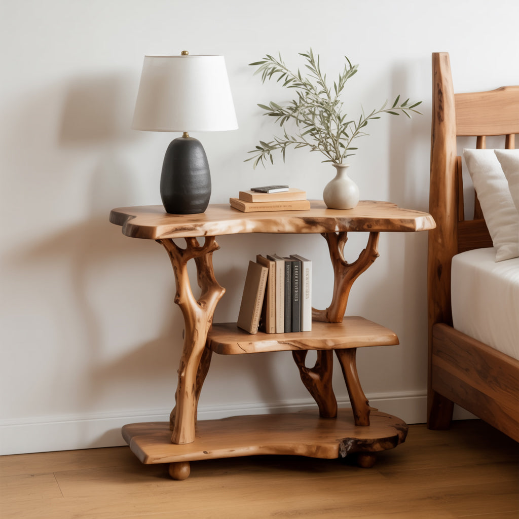 Massief Houten Boomtak Nachtkastje – Rustieke Vrijstaande Wandplank