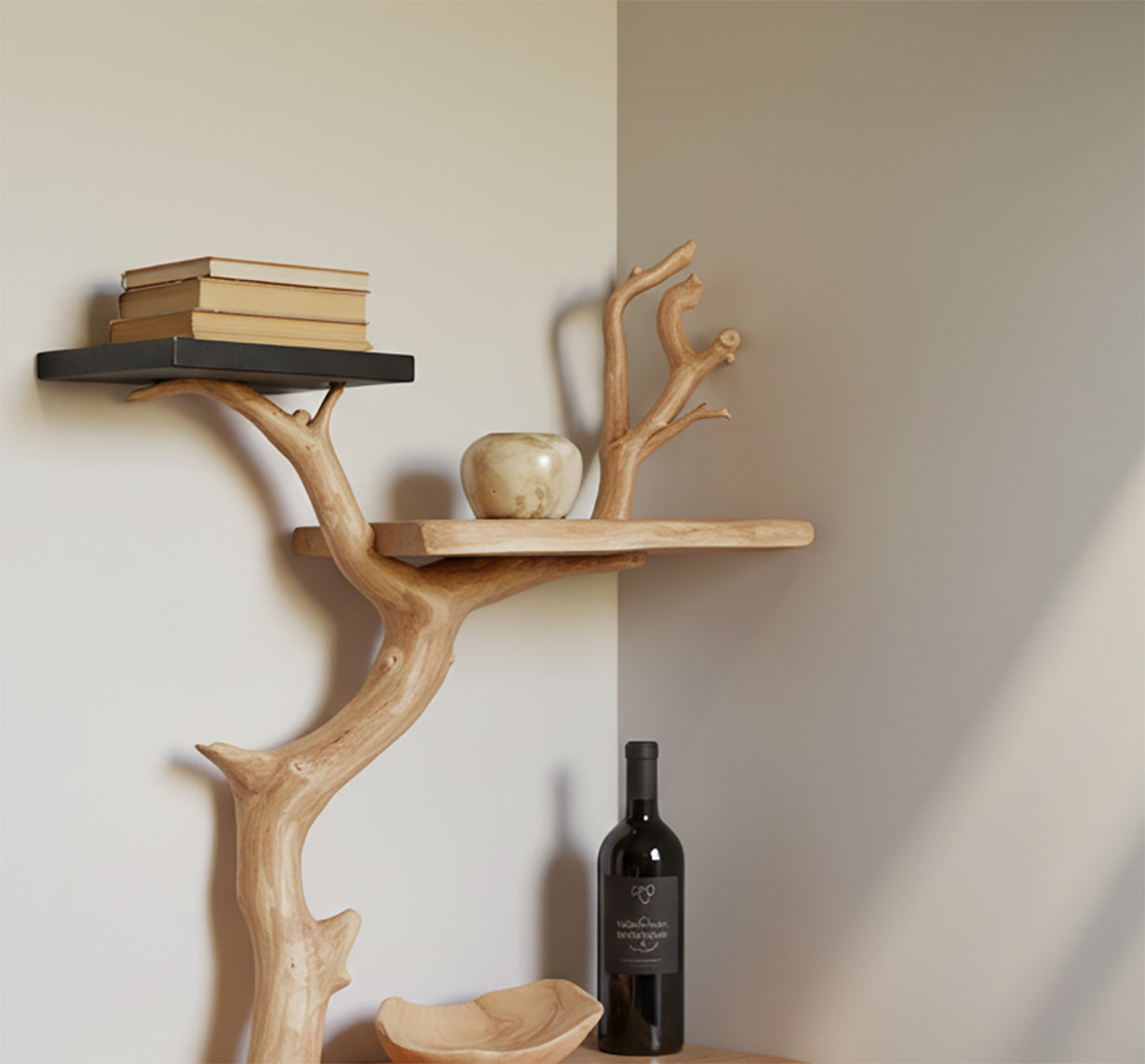 Zwevende Hoek Boekenplank Met Boomtak – Driftwood Wanddecoratie
