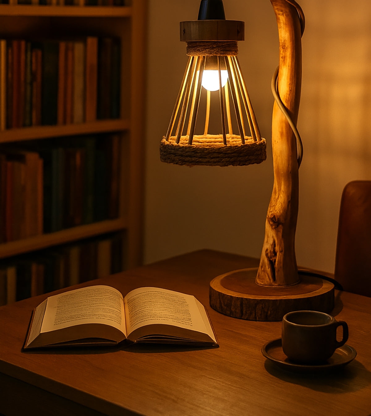 Rustieke Driftwood Vloerlamp – Boomtak Staande Lamp met Rotan Kap