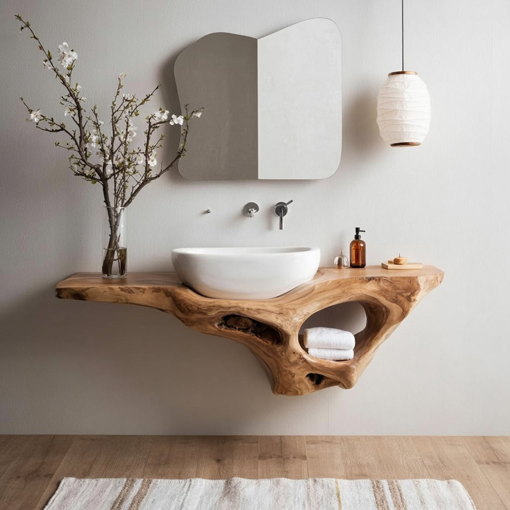 Handcrafted Live Edge Solid Wood Floating Bathroom Vanity with Organic Carved Storage Shelf