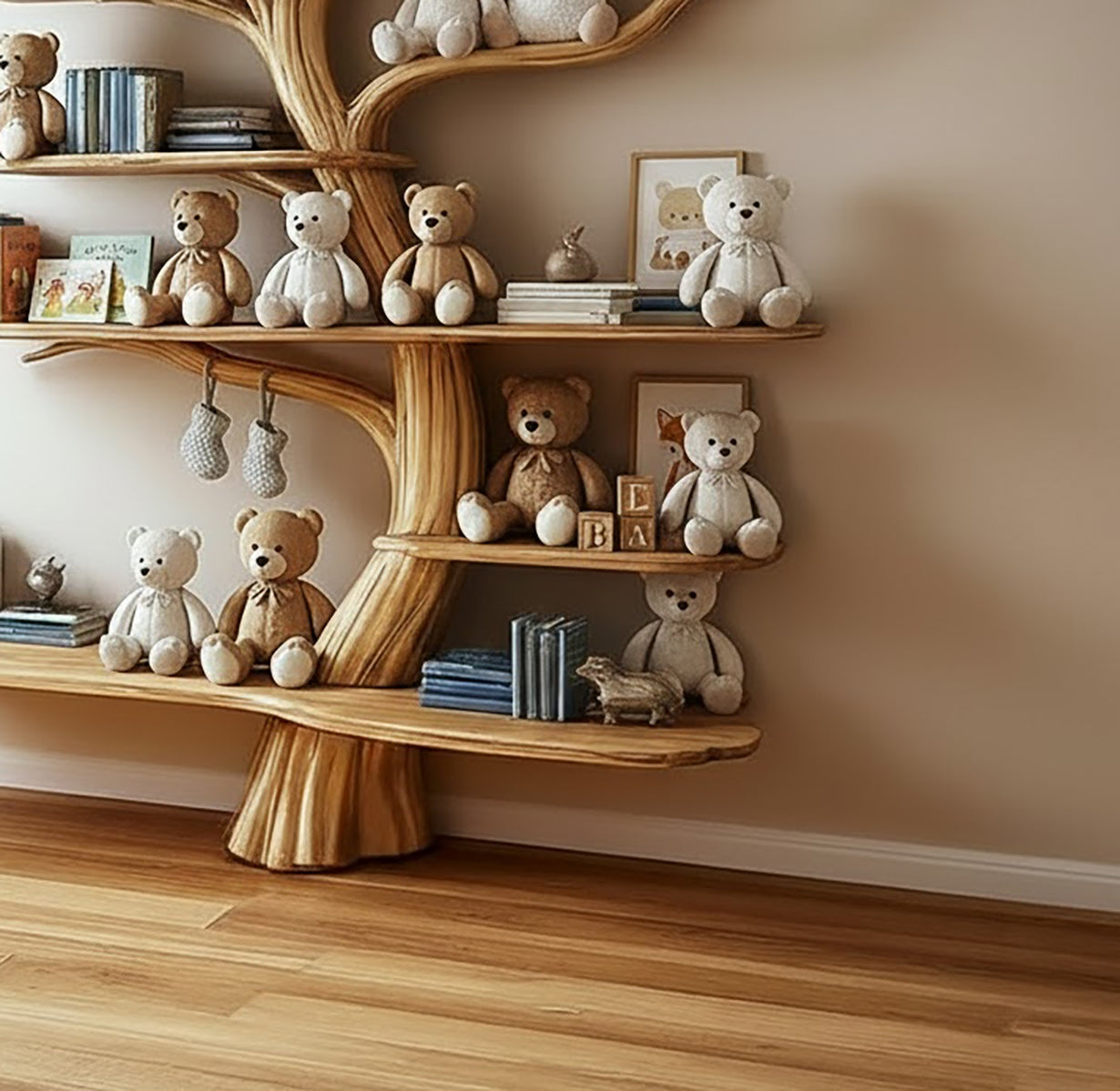 Boom Boekenkast Kinderkamer – Handgemaakte Houten Wandplank