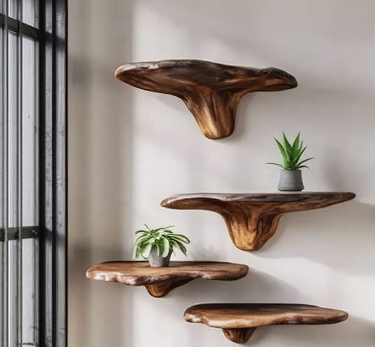 Handcrafted Live Edge Wooden Floating Shelves – Organic Wall Shelf Set