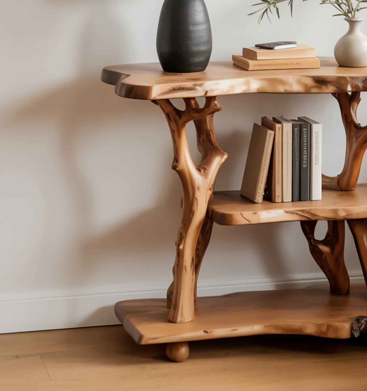 Massief Houten Boomtak Nachtkastje – Rustieke Vrijstaande Wandplank