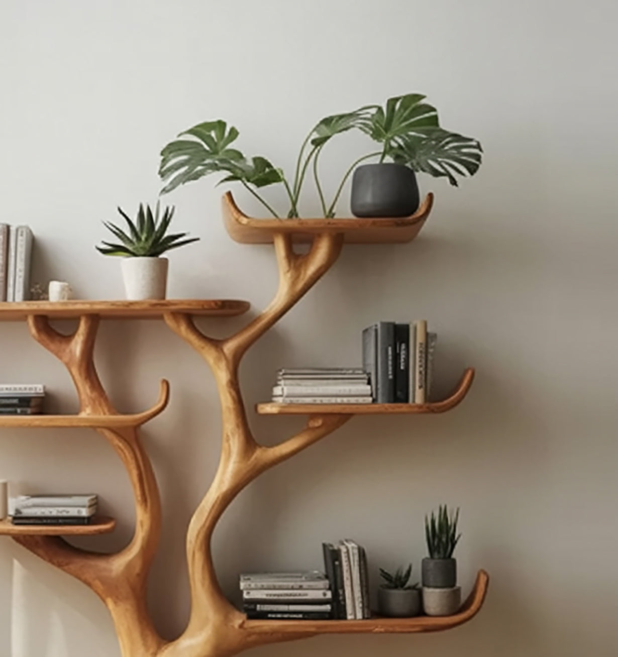 Handgemaakte Boom Boekenkast – Unieke Houten Wandplank Decor