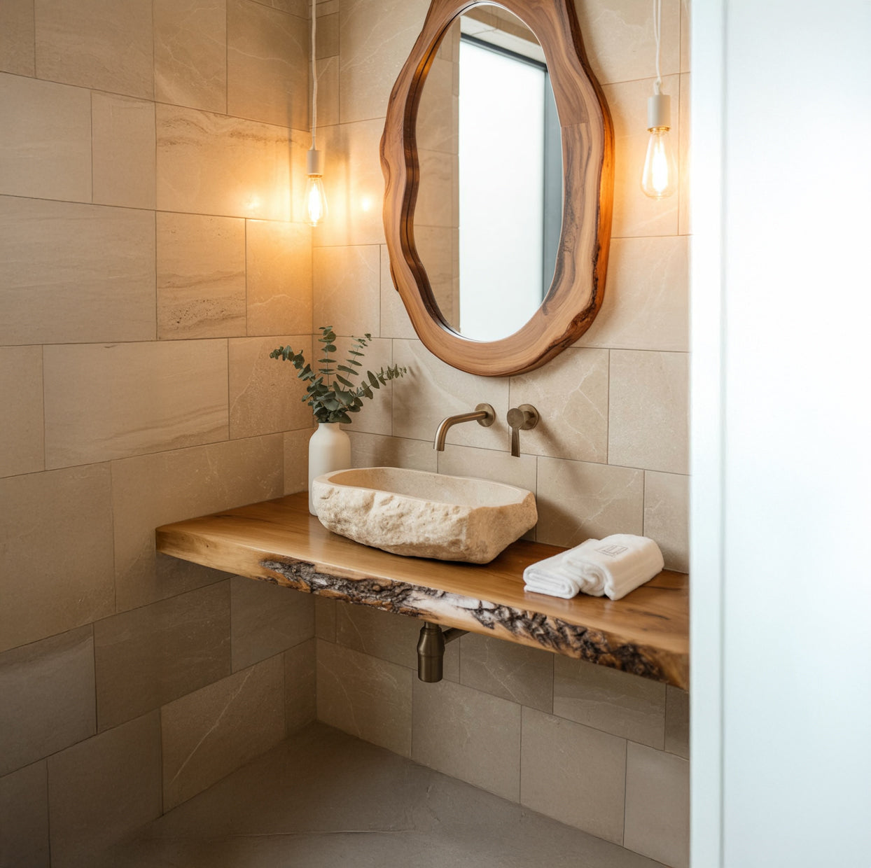 Massief Houten Zwevende Badkamermeubel – Rustieke Live Edge Wastafelplank