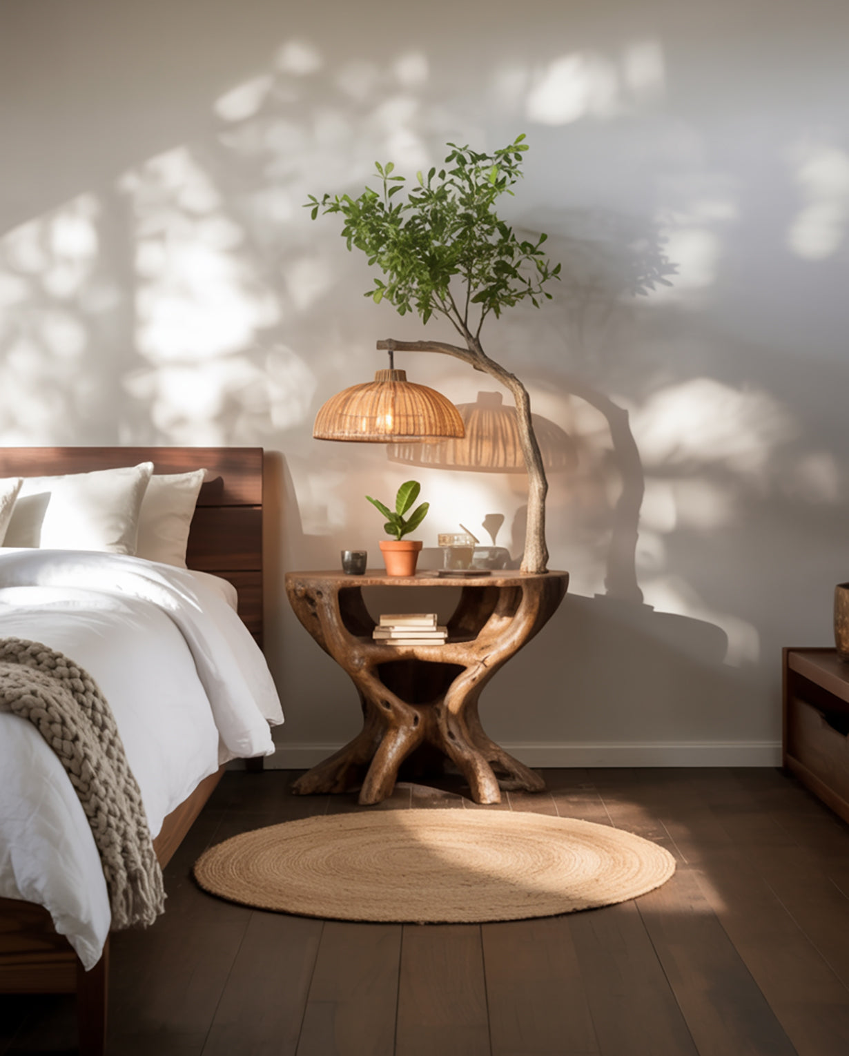 Handmade Wooden Side Table with Integrated Tree Lamp – Rustic Nightstand Lighting Decor