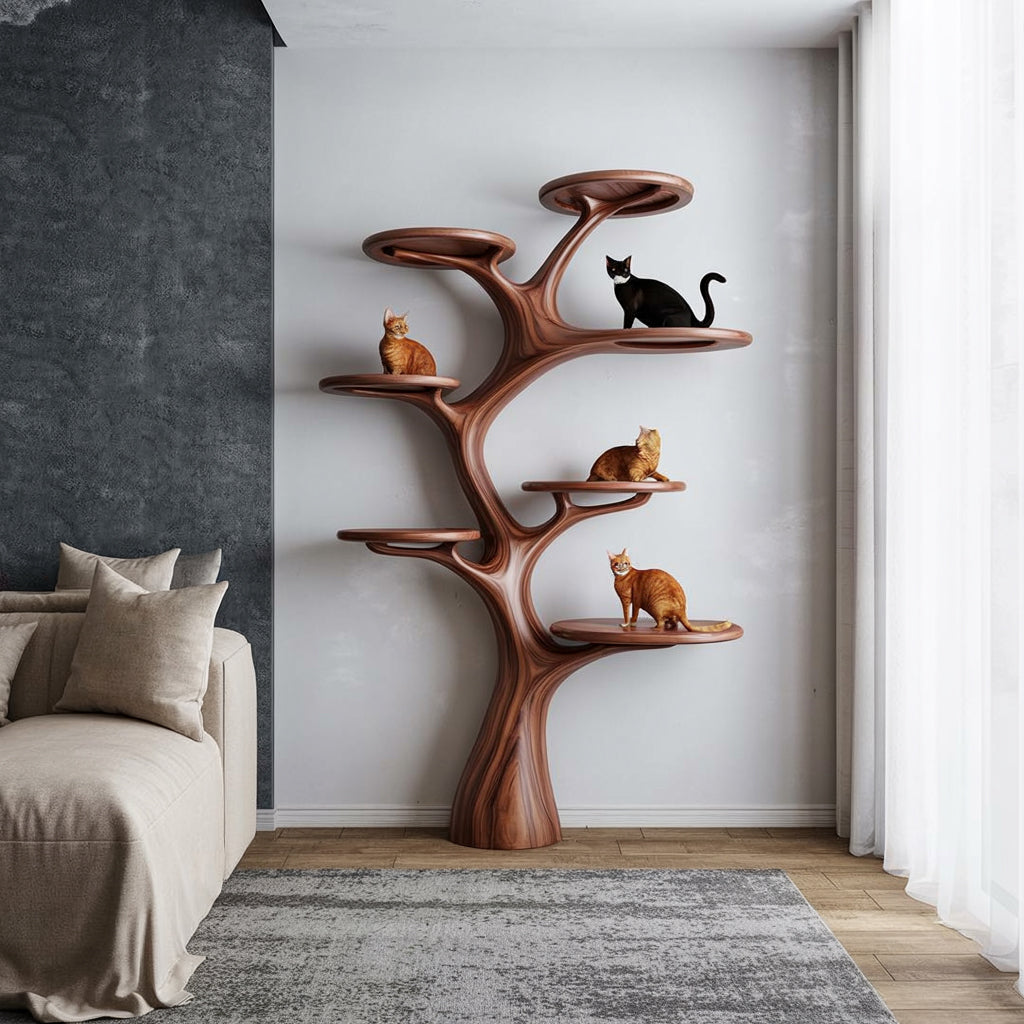 Artistieke Boomtak Kattenboom & Boekenkast – Natuurlijke Houten Wandsculptuur