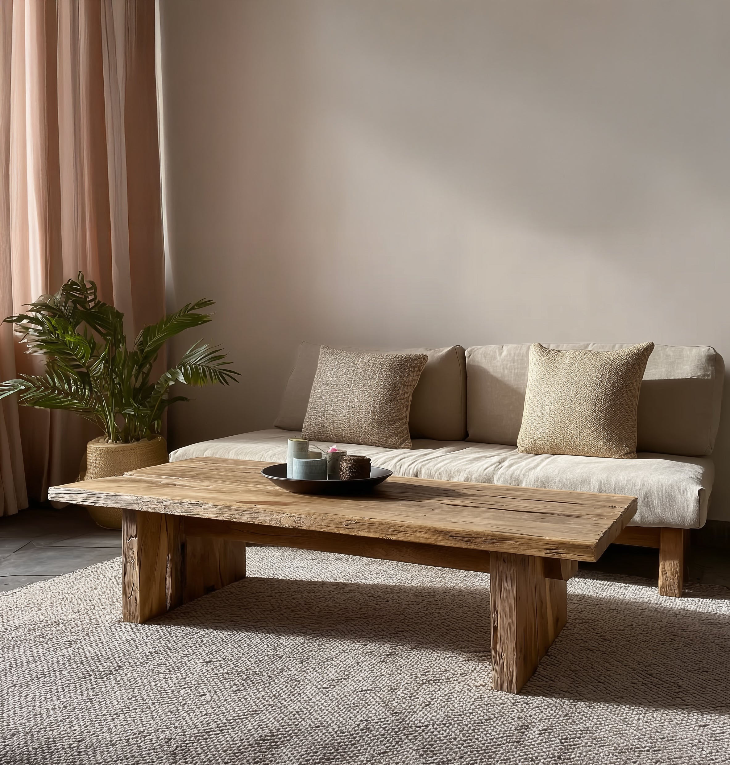 Rustic Handmade Wooden Coffee Table – Live Edge Solid Wood Trestle Farmhouse Rectangular End Table