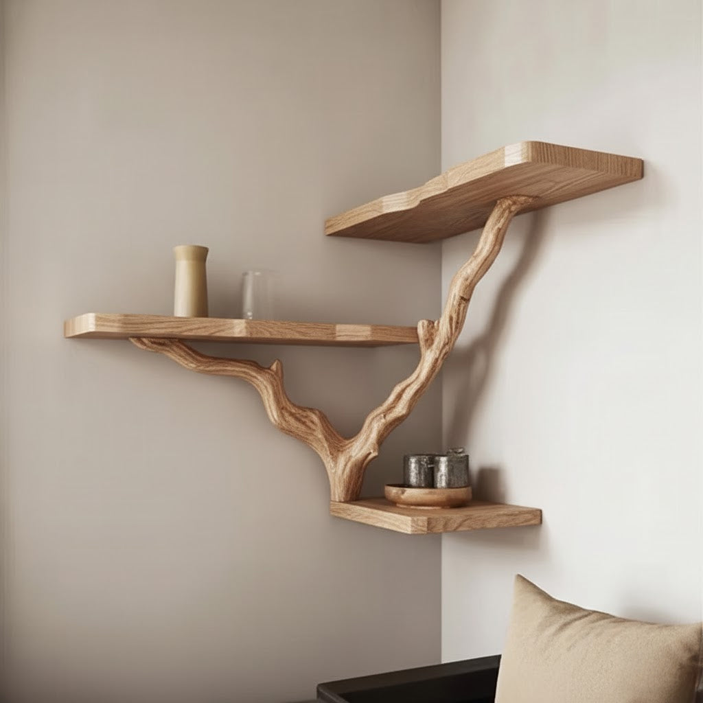 Boomtak Boekenkast Hoek – Zwevende Zwarte Wandplank van Hout
