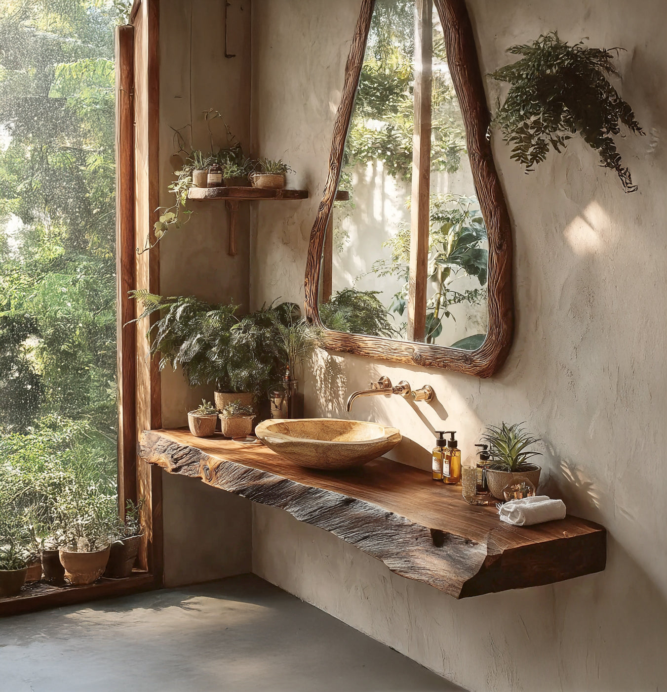 Custom Live Edge Wood Bathroom Vanity – Rustic Solid Wood Sink Shelf