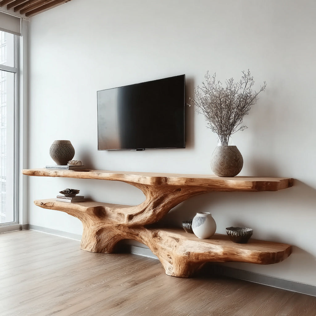 Modern Live Edge Wooden TV Console – Handmade Solid Wood Media Stand