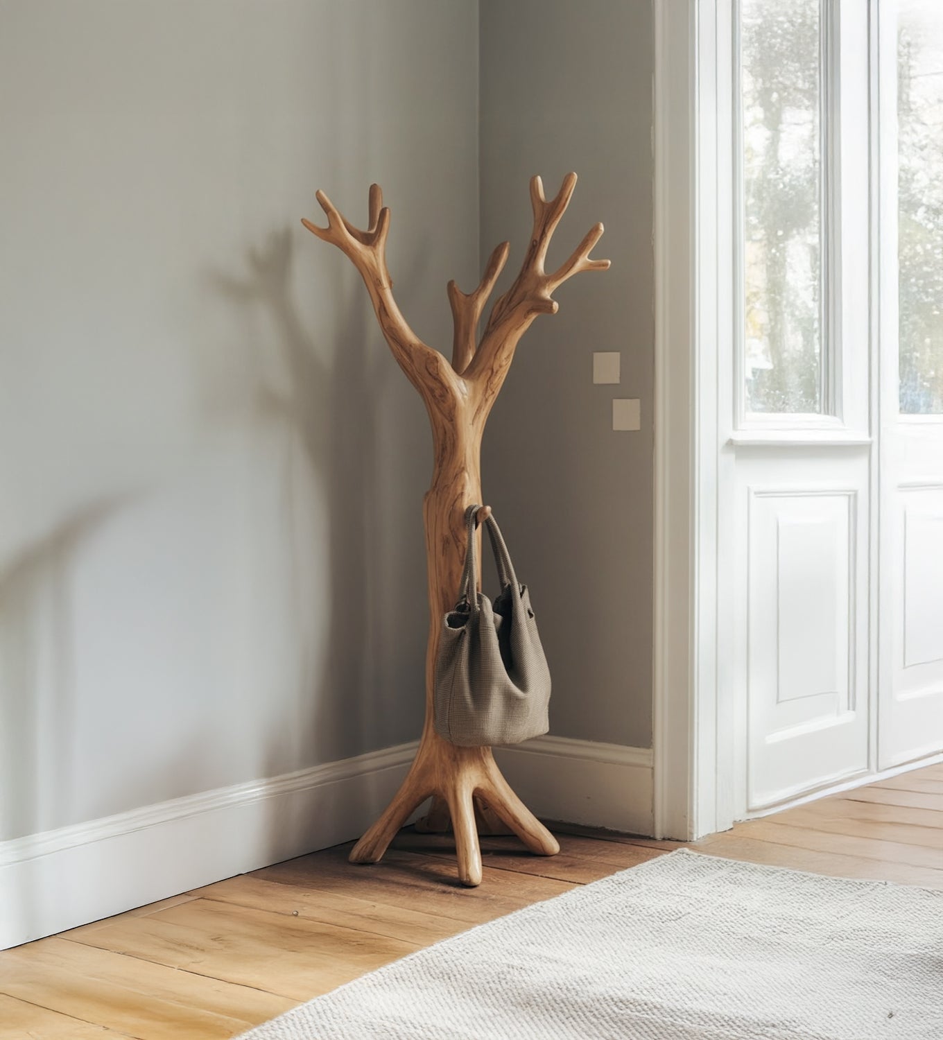 Rustic Wooden Standing Coat Rack – Handmade Tree Branch Hook Organizer