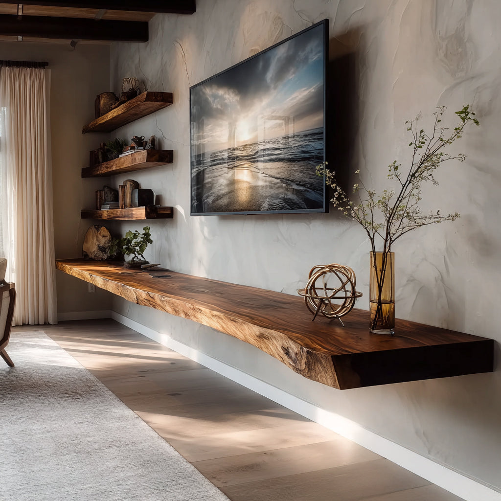 Rustic Live Edge TV Stand – Solid Walnut Floating Console & Handmade Wood Media Cabinet