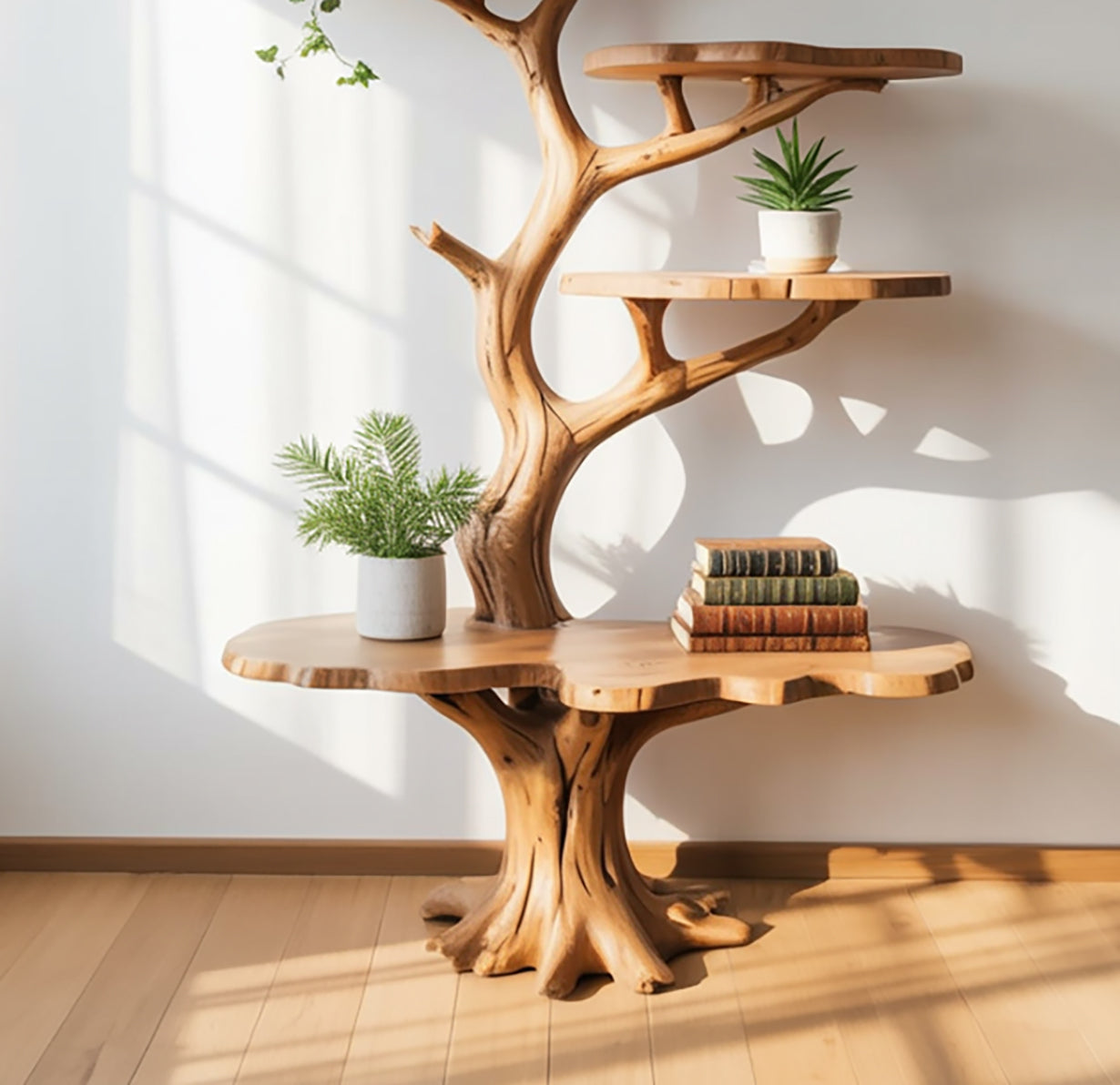 Artistieke Boomtak Boekenkast – Massief Houten Tree Shelf op Maat