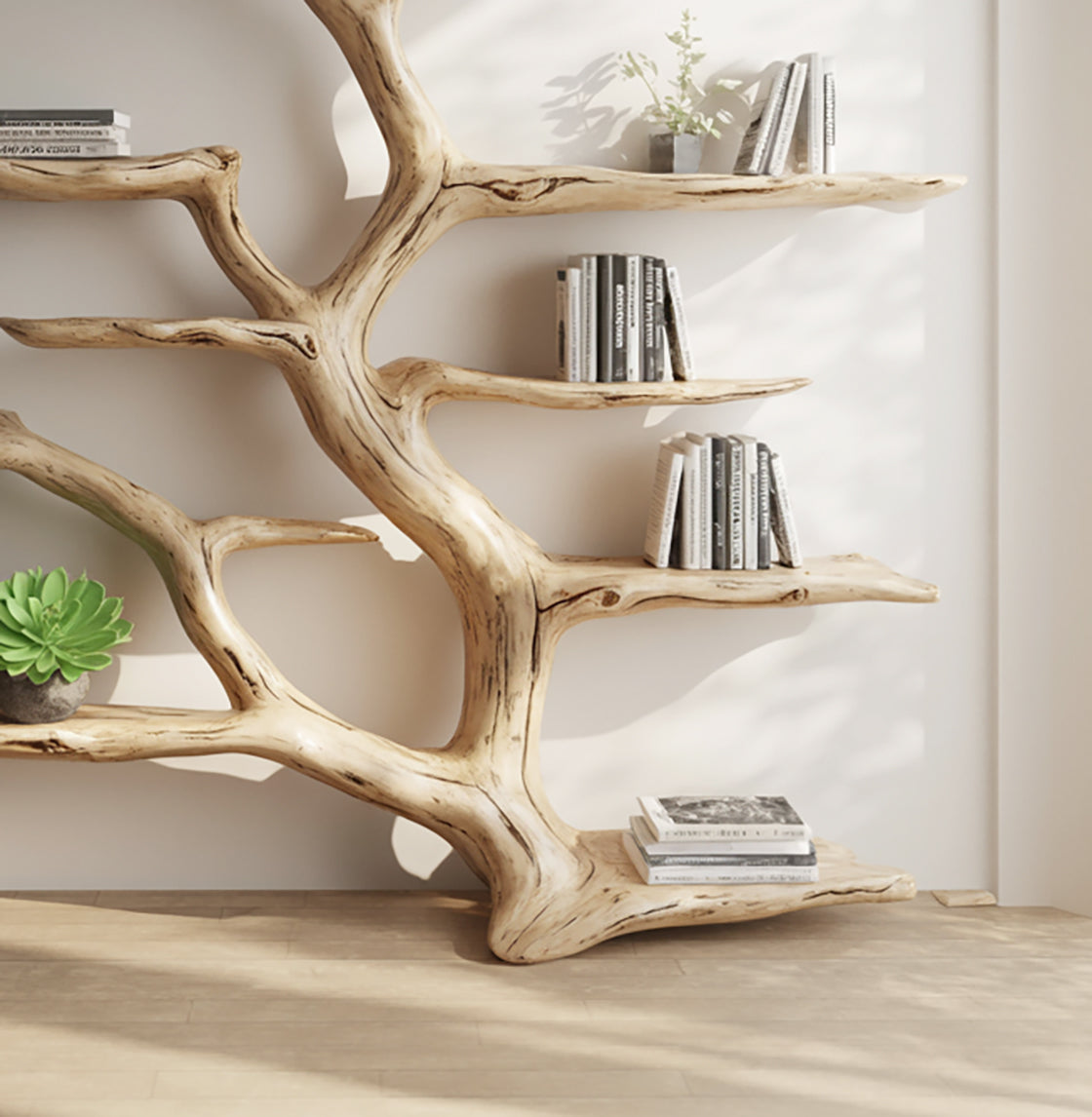 Handmade Tree Bookshelf – Live Edge Wooden Bookcase, Rustic Natural Wood Wall Decor