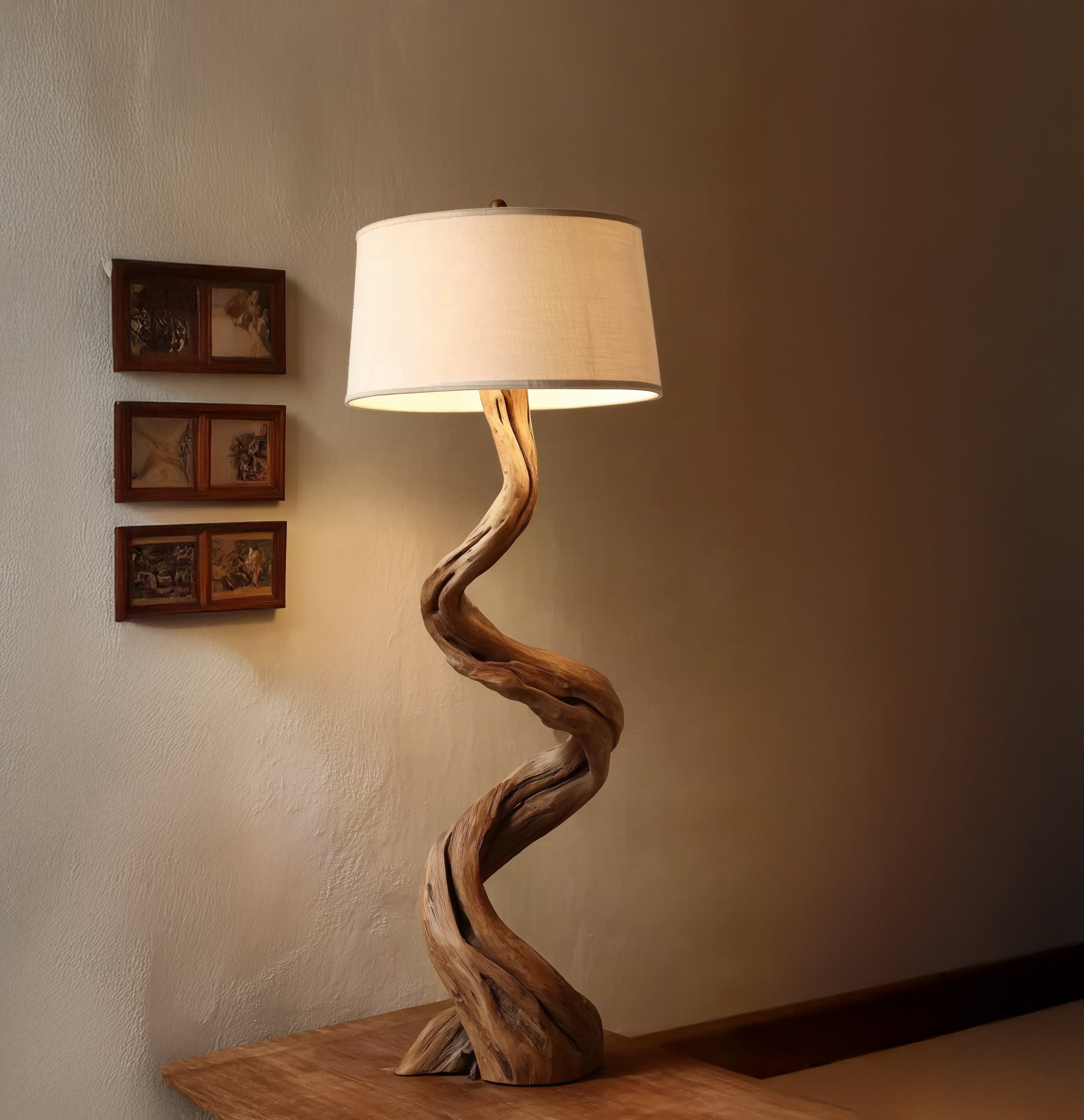 Rustic Driftwood Floor Lamp – Handmade Twisted Wood Standing Light with Linen Shade