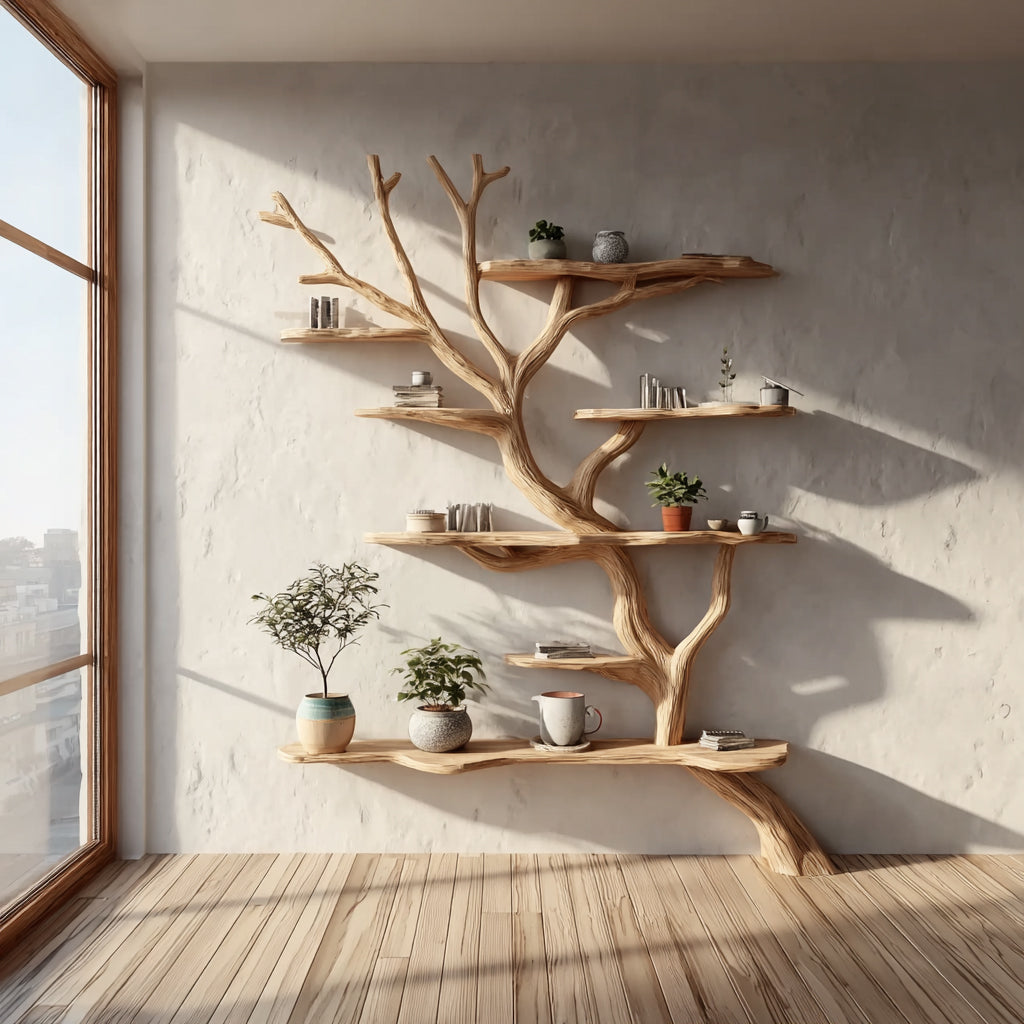 Handcrafted Tree Bookshelf – Organic Wood Branch Floating Wall Shelf