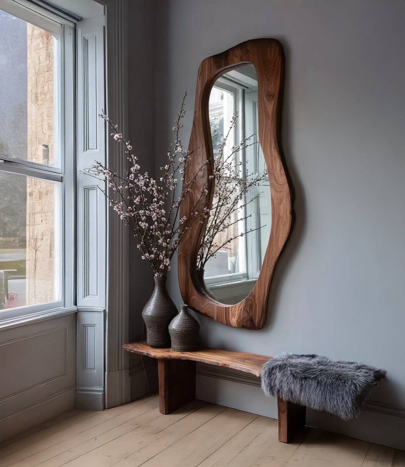 Live Edge Houten Wandkunst & Staande Spiegel – Unieke Woondecoratie
