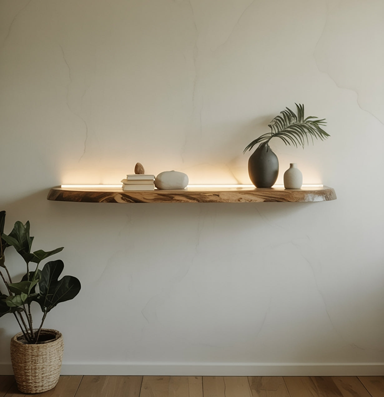 Handgemaakte Live Edge Zwevende Wandplank – Massief Hout