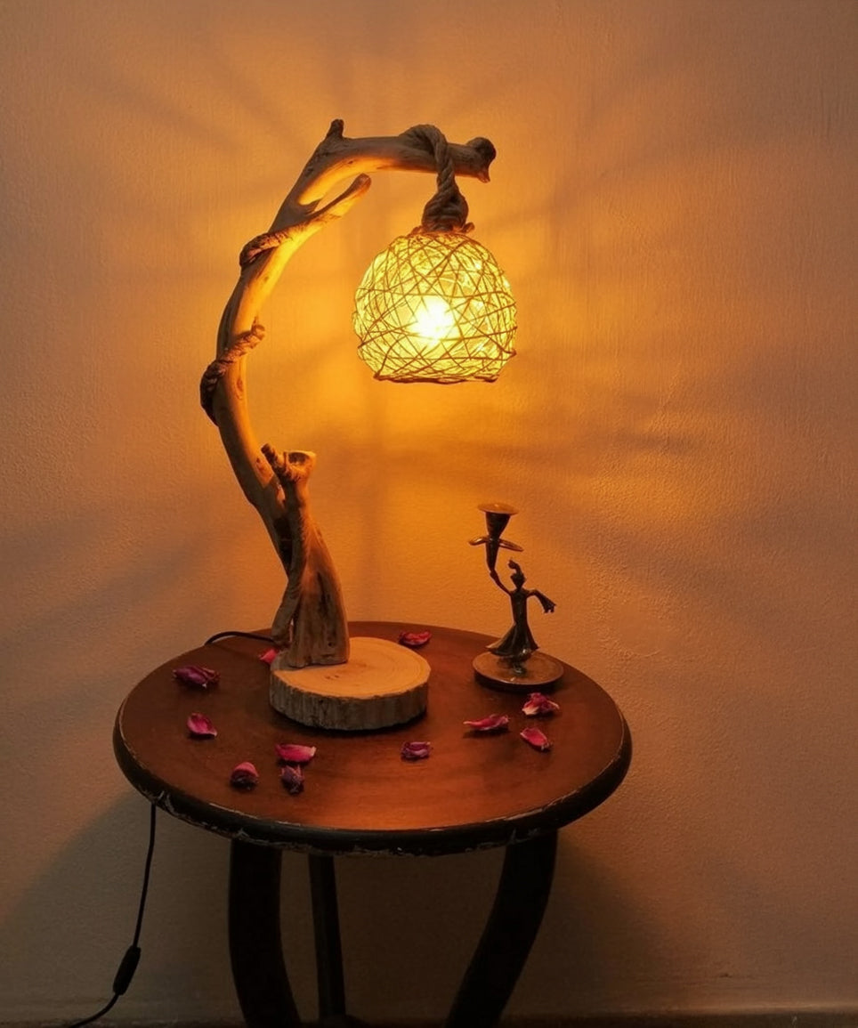 Rustic Driftwood Standing Tree Lamp – Handmade Wooden Floor Light with Rattan Lampshade