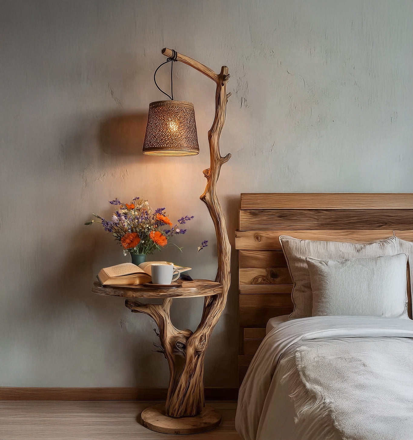 Rustic Driftwood Floor Lamp with Shelves – Handmade Wooden Standing Light