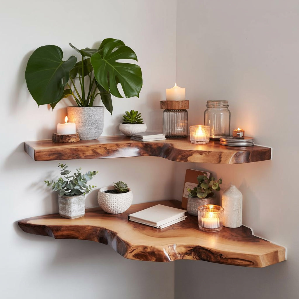 Massief Houten Zwevende Hoekplank – Rustieke Live Edge Wanddecoratie