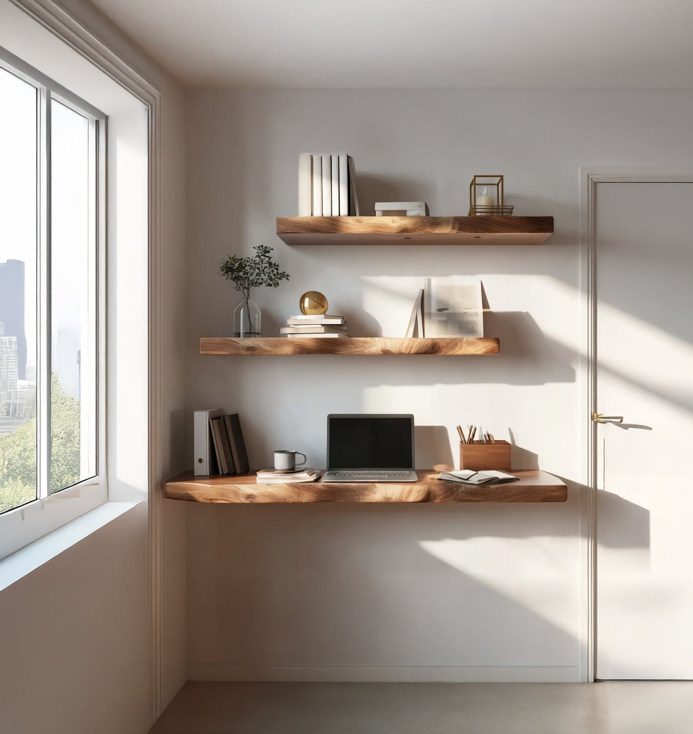 Live Edge Floating Desk – Solid Wood Wall Mounted Shelves for Home Office