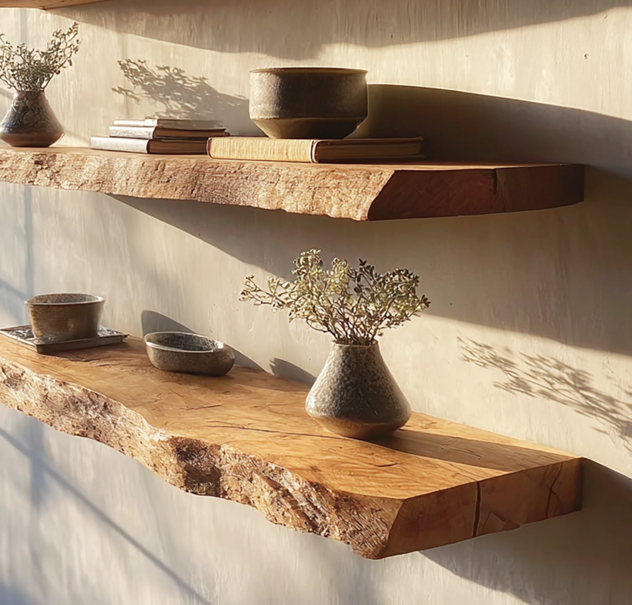 Rustic Floating Wall Shelf with Live Edge – Solid Wood Decor