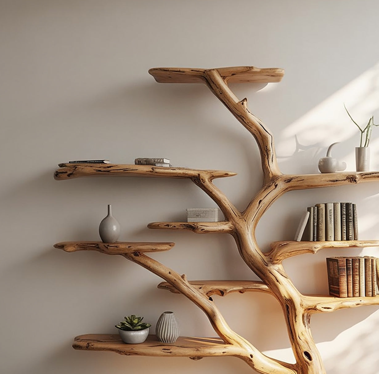 Handgemaakte Boom Boekenplank – Live Edge Houten Wanddecoratie