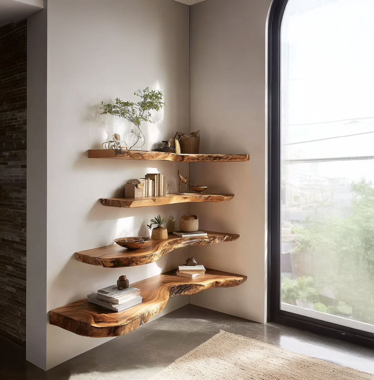 Rustic Floating Wall Shelf with Live Edge – Solid Walnut for Home Decor