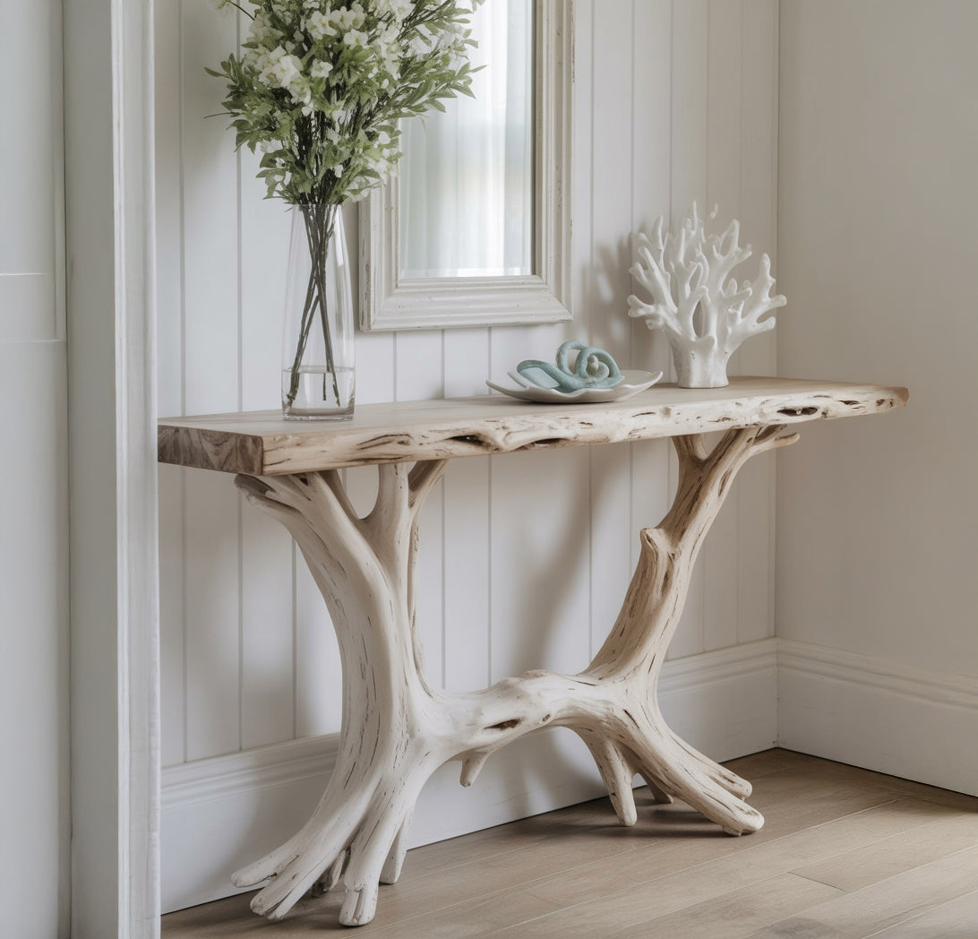 Live Edge Consoletafel met Sculpturale Houten Basis – Handgemaakt