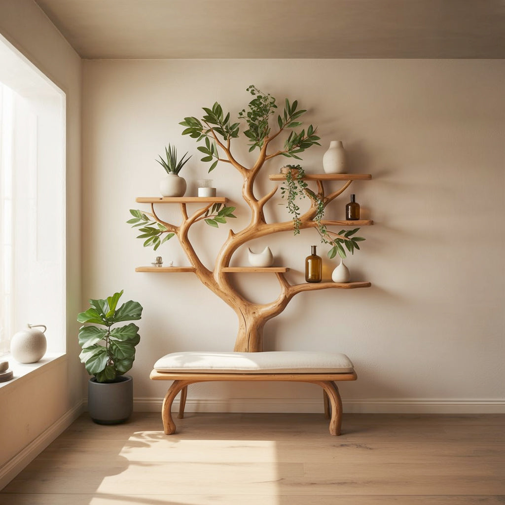 Tree Bookshelf with Bench – Handmade Wooden Branch Shelf for Home Decor