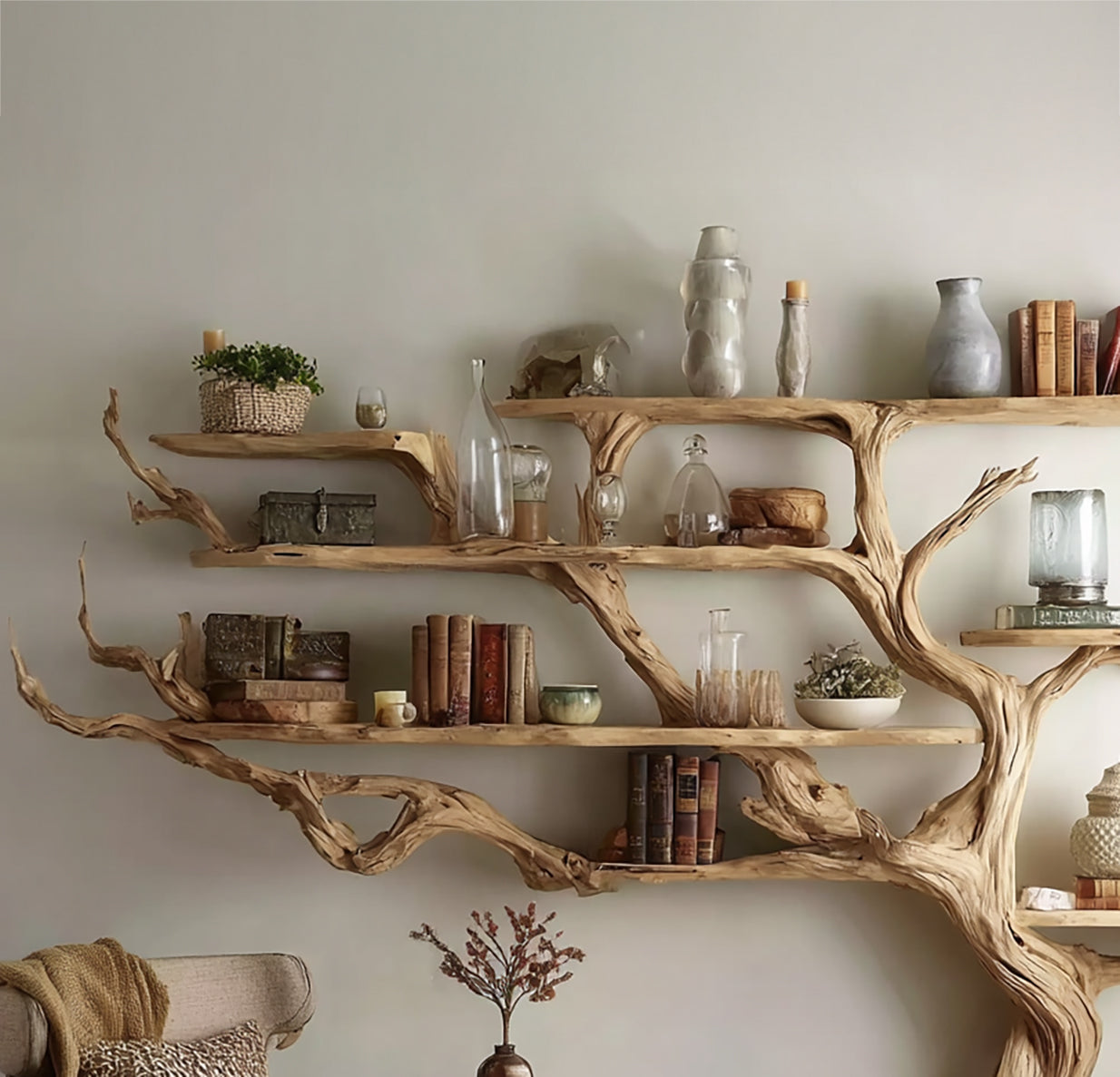Handmade Tree Bookshelf – Large Wooden Branch Bookcase for Rustic Home Decor