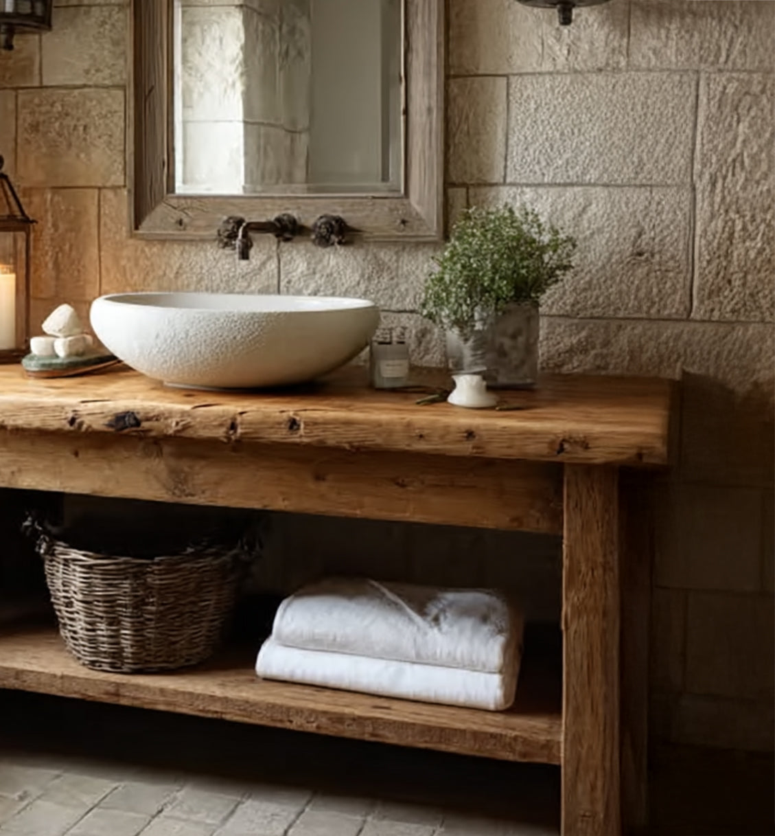 Rustic Wooden Bathroom Vanity – Handmade Farmhouse Sink Table with Live Edge Shelf